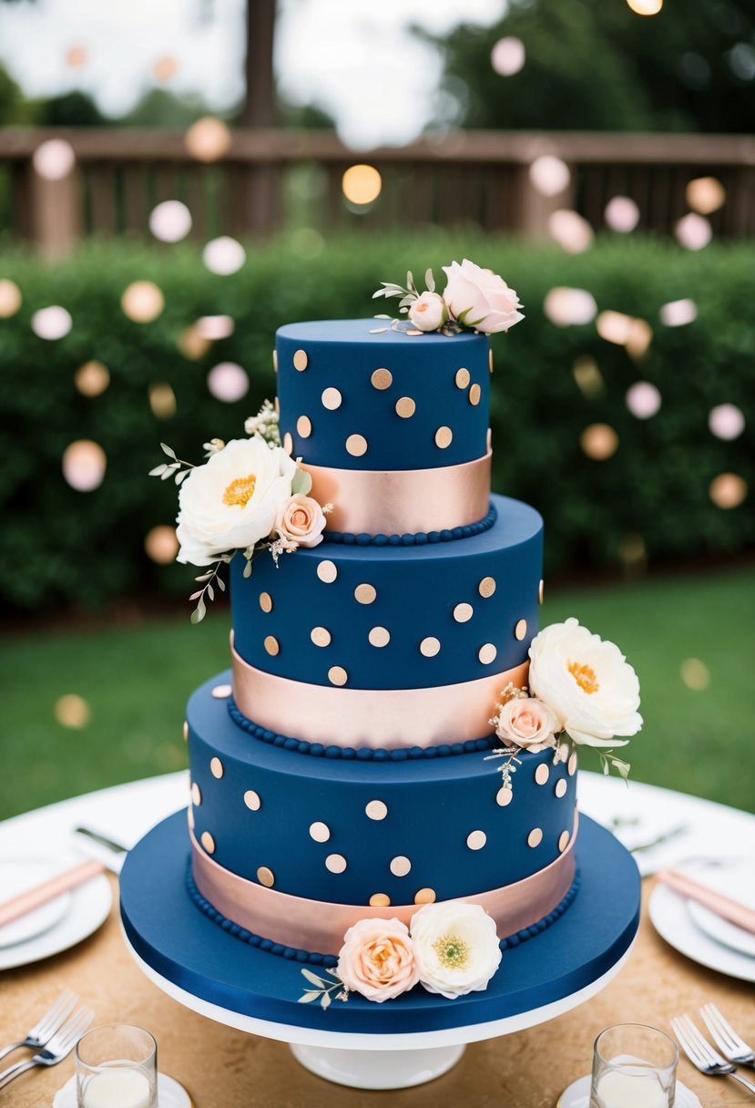 A three-tiered navy blue wedding cake adorned with rose gold confetti and elegant floral accents