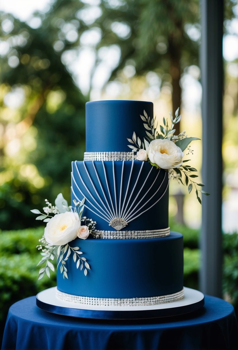 A three-tiered navy blue wedding cake with an art deco fan pattern, adorned with silver accents and elegant floral decorations