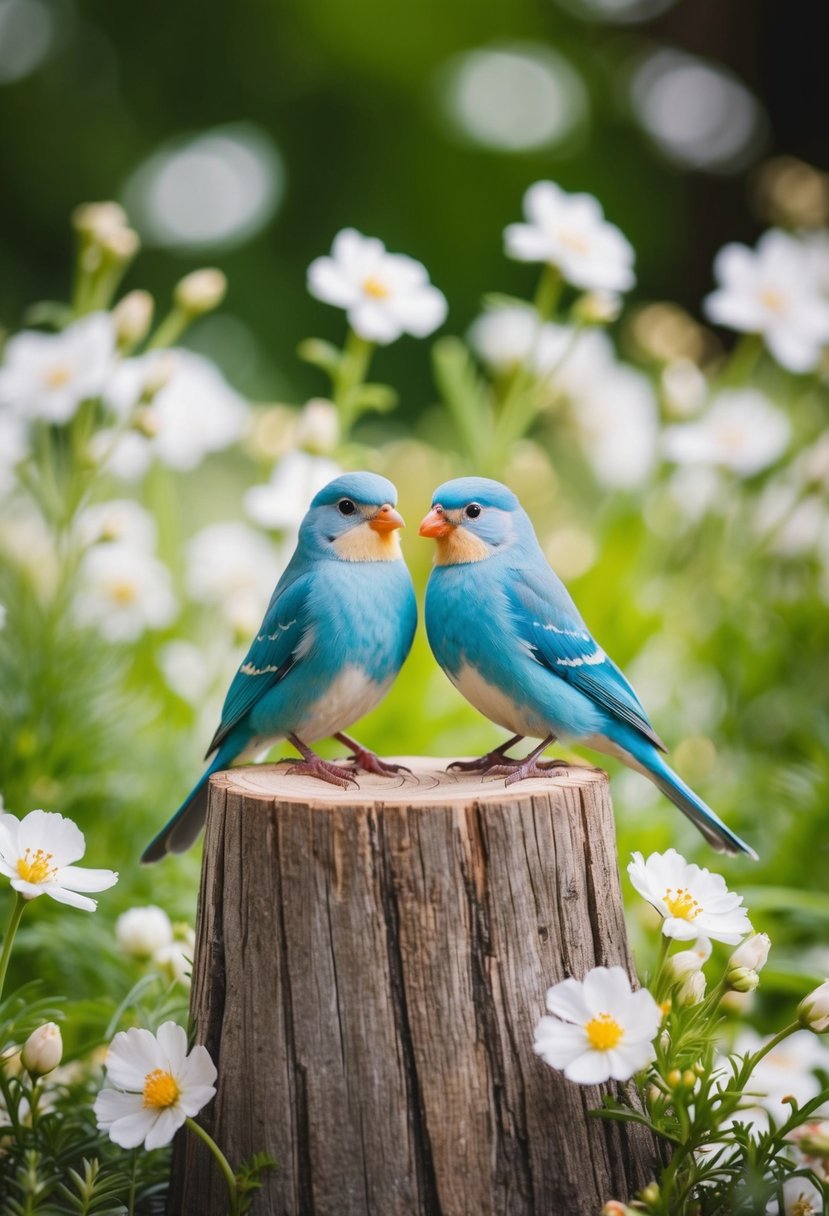 Two whimsical love birds perched on a rustic wooden tree stump, surrounded by delicate white flowers and greenery