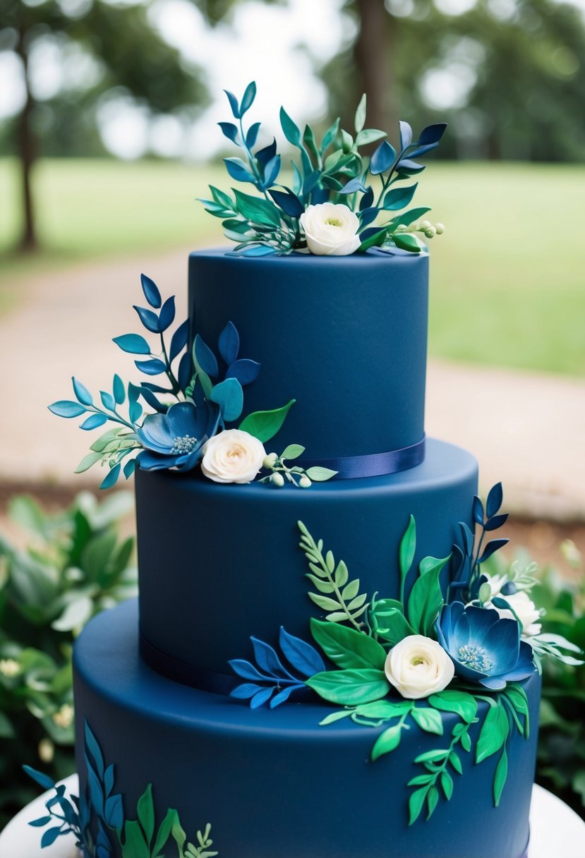 A navy blue wedding cake adorned with hand-painted foliage in various shades of blue and green, creating a stunning and elegant botanical design