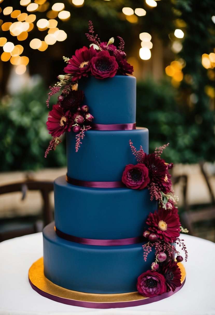 A three-tiered navy blue cake adorned with cascading burgundy floral decorations
