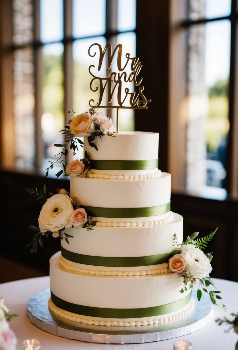 A tiered wedding cake with a classic Mr and Mrs Tag cake topper surrounded by floral decorations