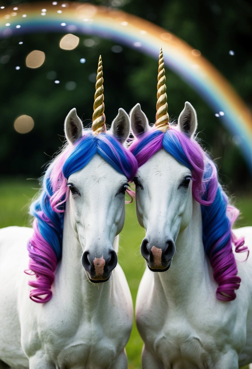 A pair of whimsical unicorns stand side by side, their manes entwined, with a sparkly rainbow arching over them
