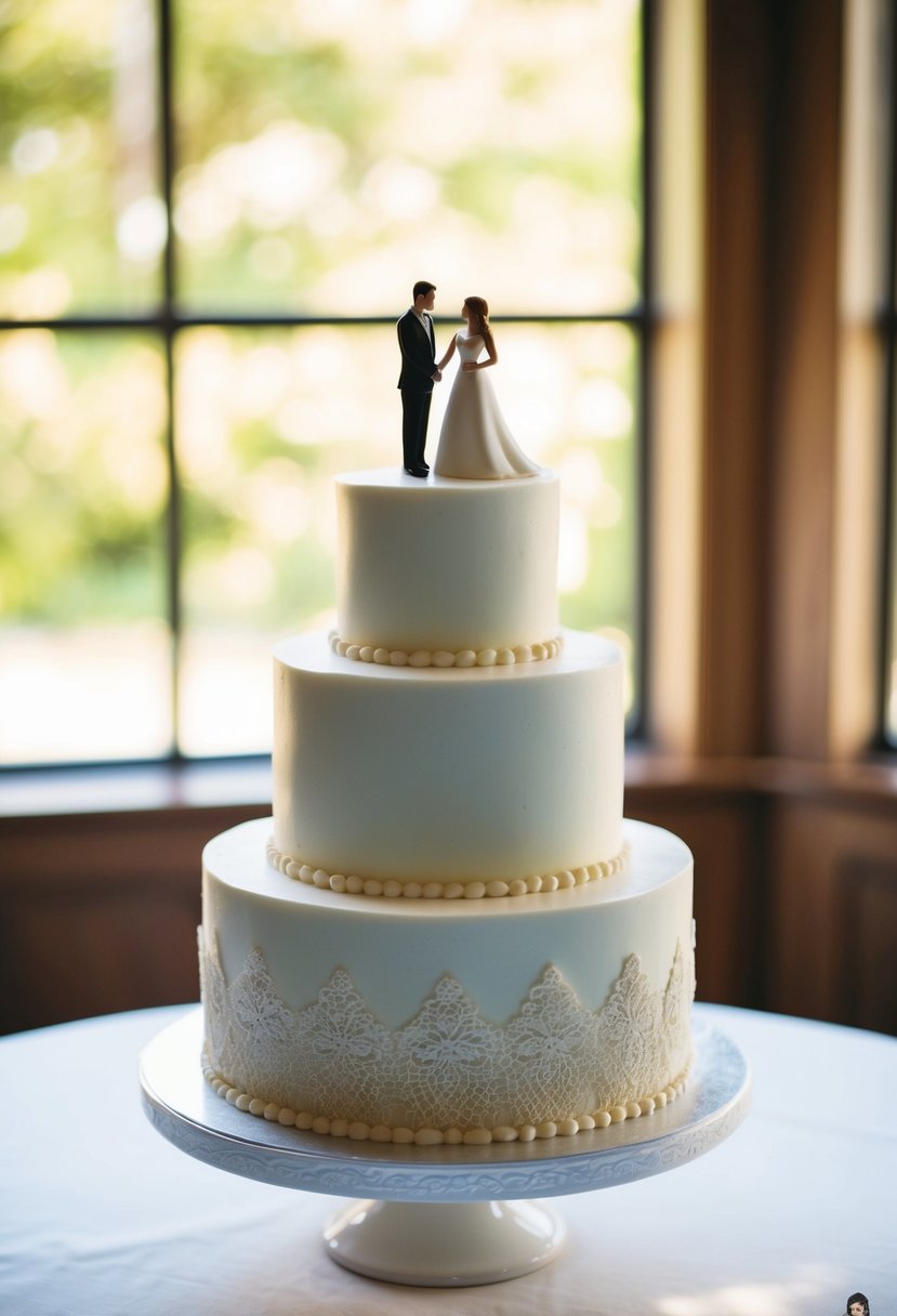 A tiered wedding cake with miniature bride and groom silhouettes atop a lace-patterned base