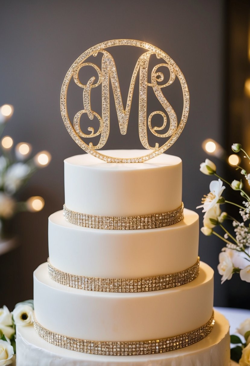 A sparkling gold monogram cake topper shines atop a tiered wedding cake, surrounded by delicate flowers and elegant decor