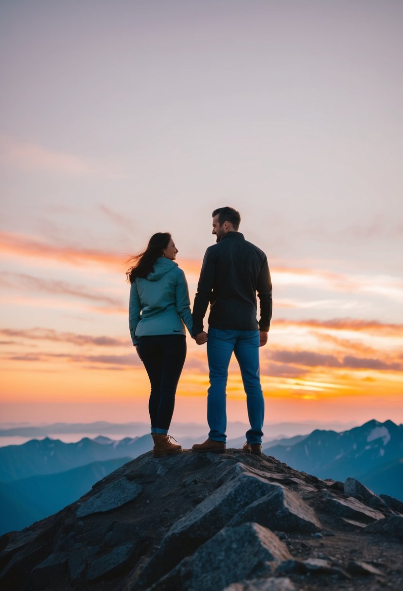 A couple standing on a mountain peak, holding hands and looking out at a sunset