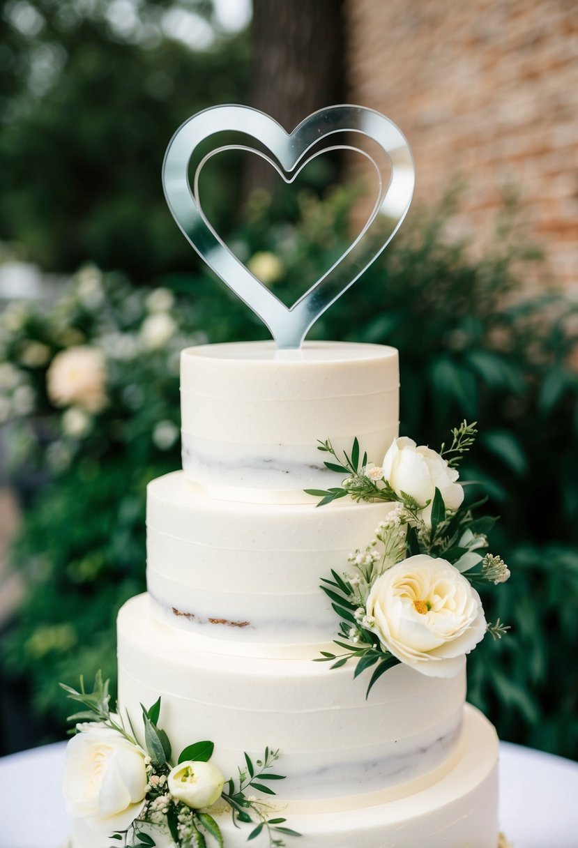 A chic acrylic heart wedding cake topper positioned on a tiered white wedding cake adorned with delicate flowers and greenery