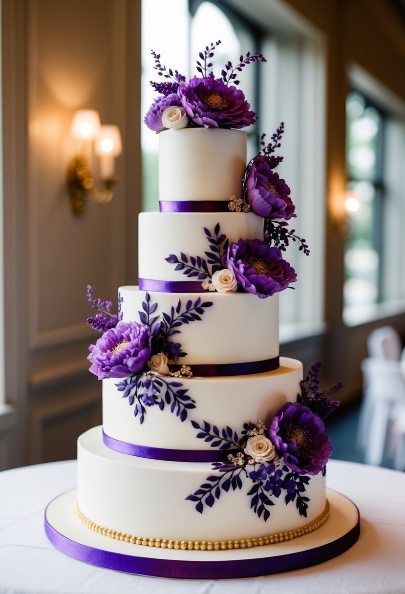 A three-tiered wedding cake with intricate purple floral decorations and delicate gold accents
