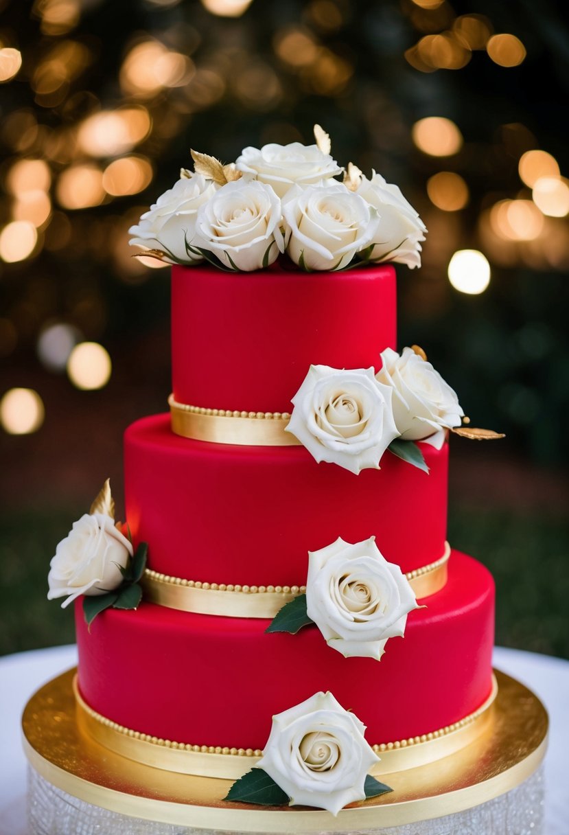 A three-tiered red wedding cake adorned with white roses and gold accents