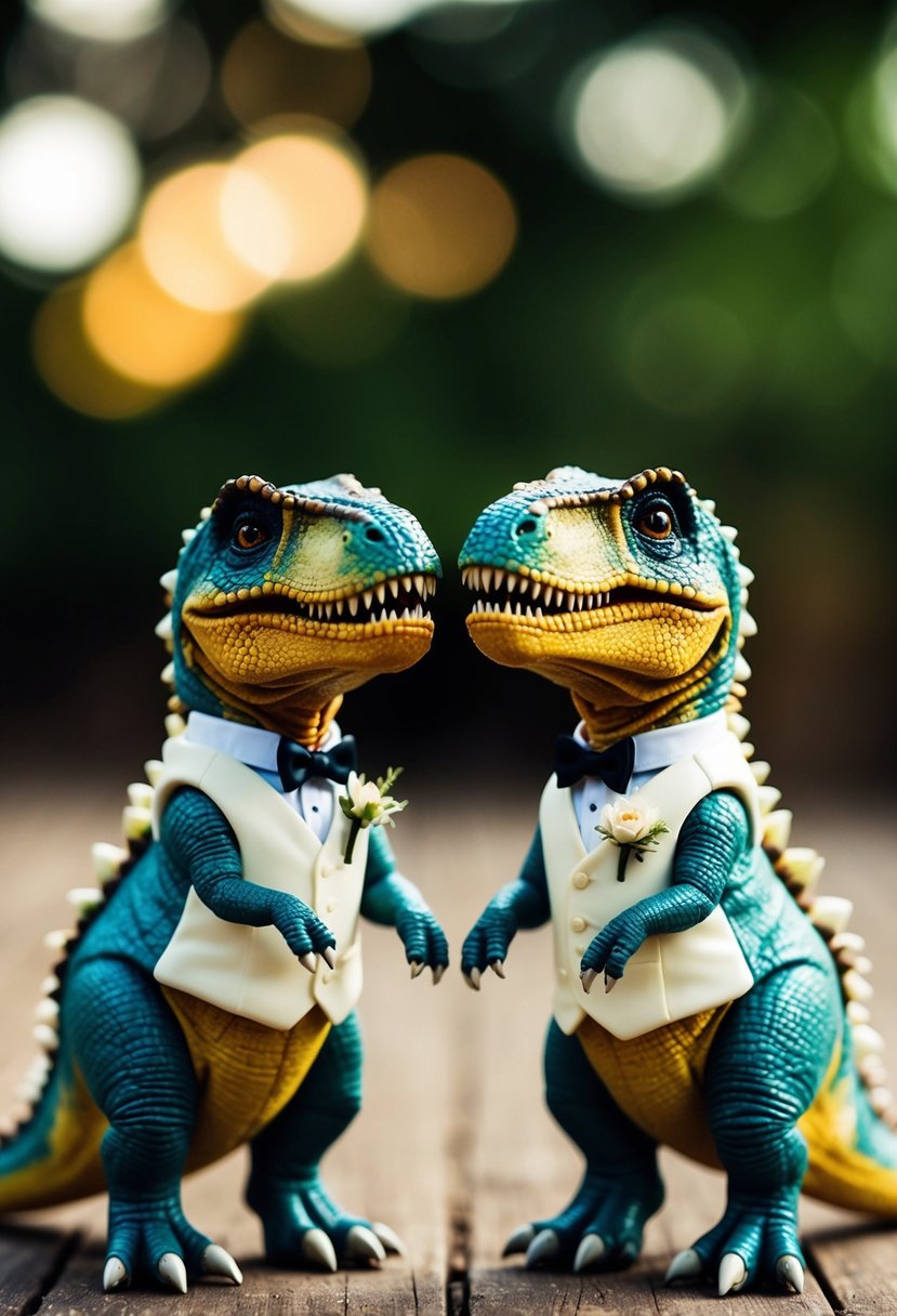 Two adorable dinosaurs standing face to face, wearing tiny wedding attire, holding hands, and smiling at each other