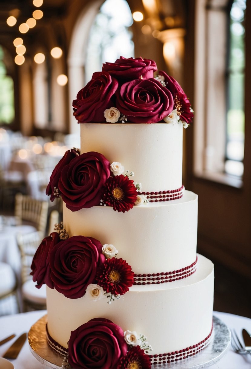 A three-tiered ruby red rosette wedding cake adorned with delicate flowers and intricate piping
