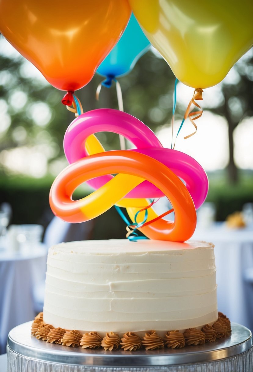Two colorful balloons entwined, floating above a wedding cake
