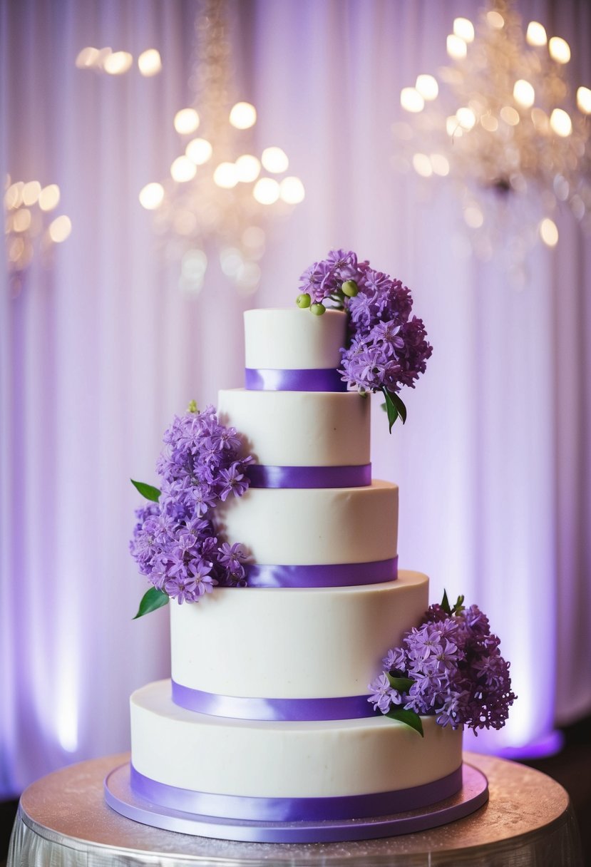 A three-tiered wedding cake adorned with lavender buttercream and fresh lilacs