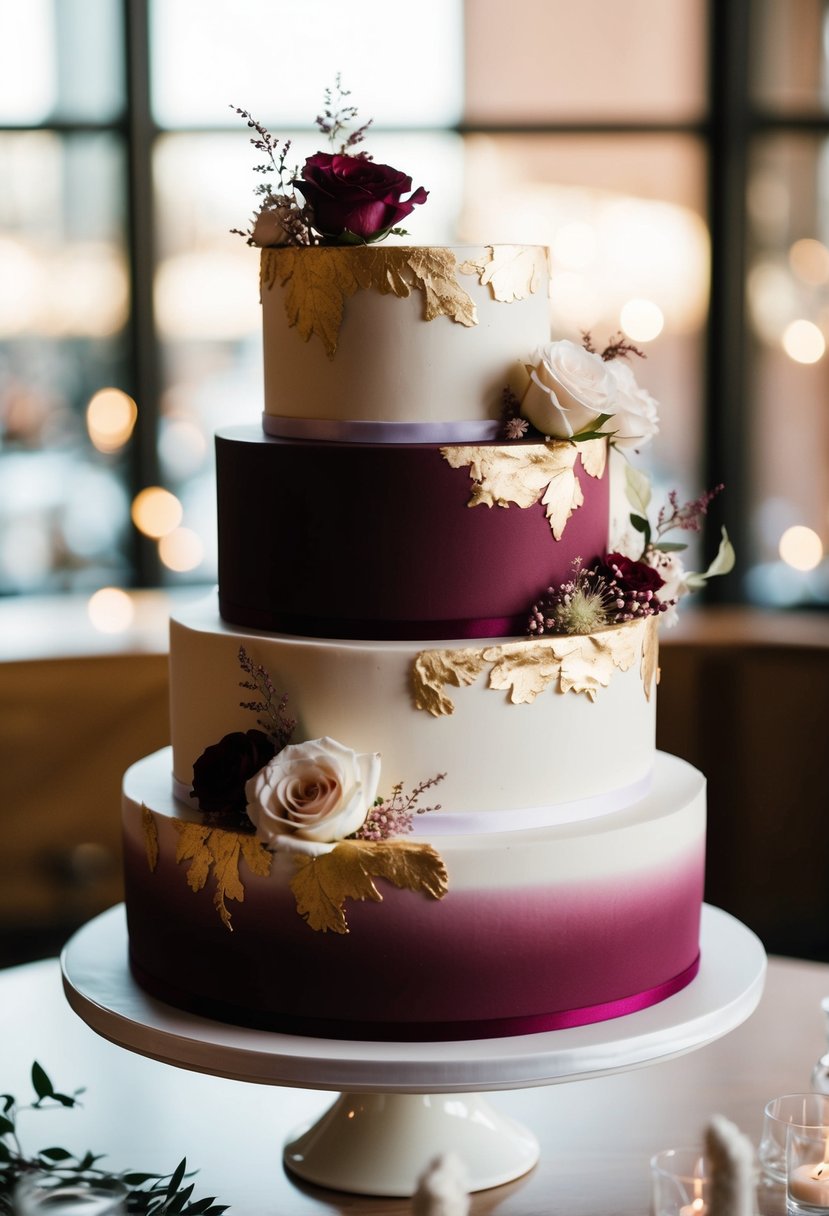 A three-tiered wedding cake with a burgundy ombre effect, adorned with delicate floral accents and gold leaf detailing