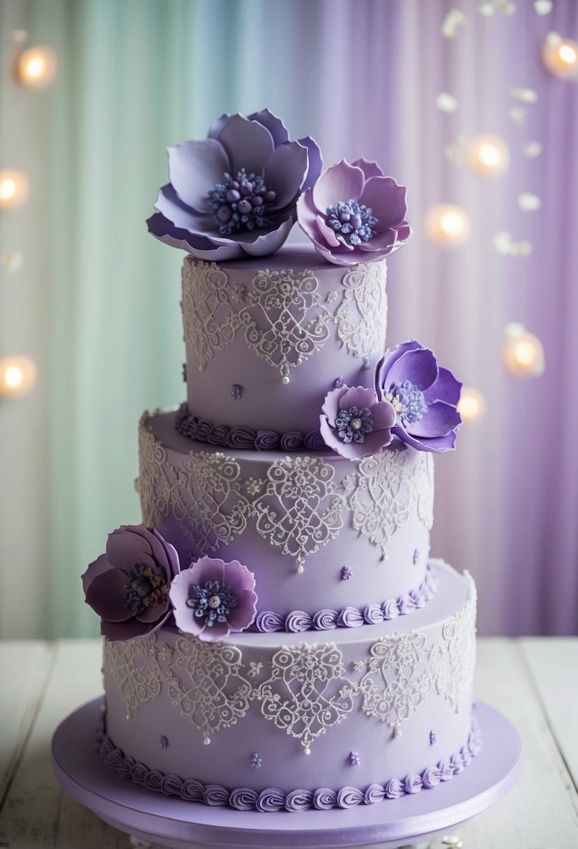 A three-tiered lilac lace cake adorned with intricate sugar flowers in shades of purple, set against a backdrop of soft pastel colors and delicate lighting