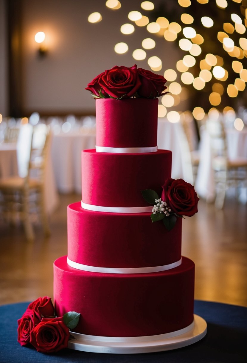 A three-tiered red velvet wedding cake adorned with scarlet roses and velvet ribbon