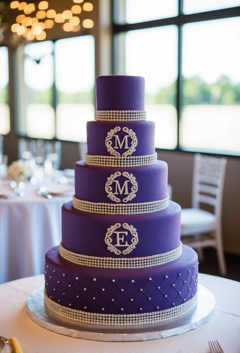 A three-tiered purple fondant cake with monogrammed initials and intricate designs