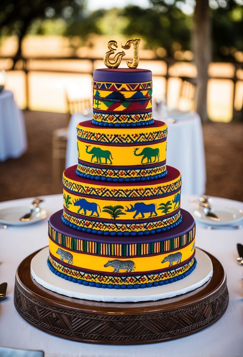 A three-tiered wedding cake adorned with traditional Zimbabwean patterns and vibrant colors, featuring motifs of wildlife and cultural symbols