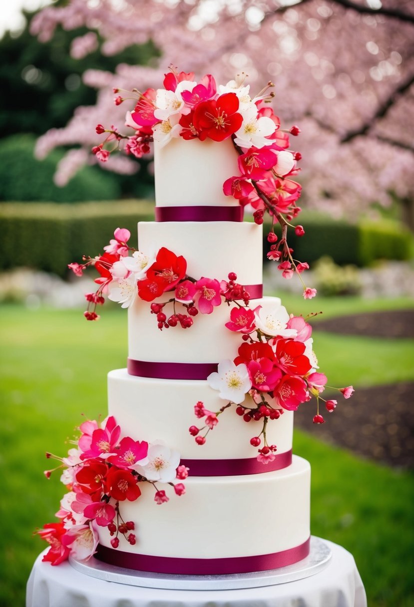 A three-tiered wedding cake adorned with cascading cherry blossoms in shades of red and pink, set against a backdrop of a serene garden