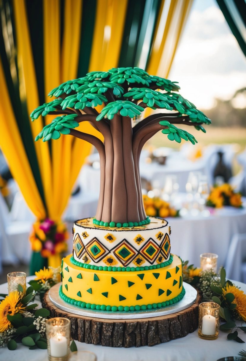 A baobab tree-shaped fondant cake with Zimbabwean patterns and colors, surrounded by traditional wedding decor and flora