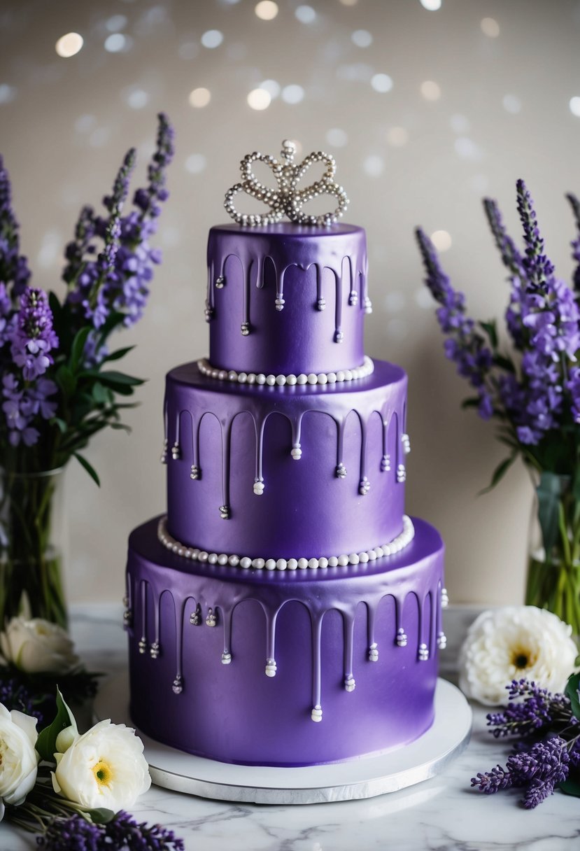 A three-tier metallic purple drip cake adorned with silver accents and edible pearls sits on a marble table, surrounded by lavender and white floral arrangements