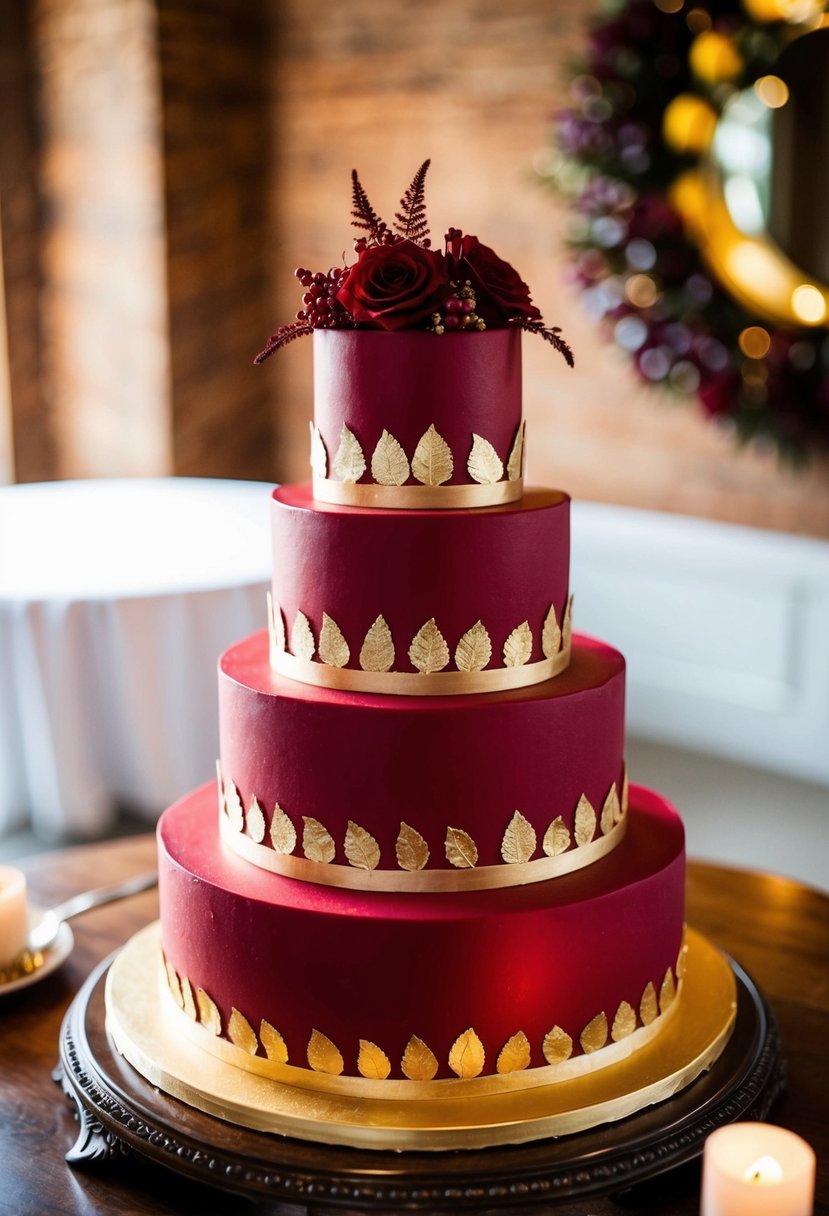 A three-tiered red wedding cake adorned with gold leaf and garnet accents