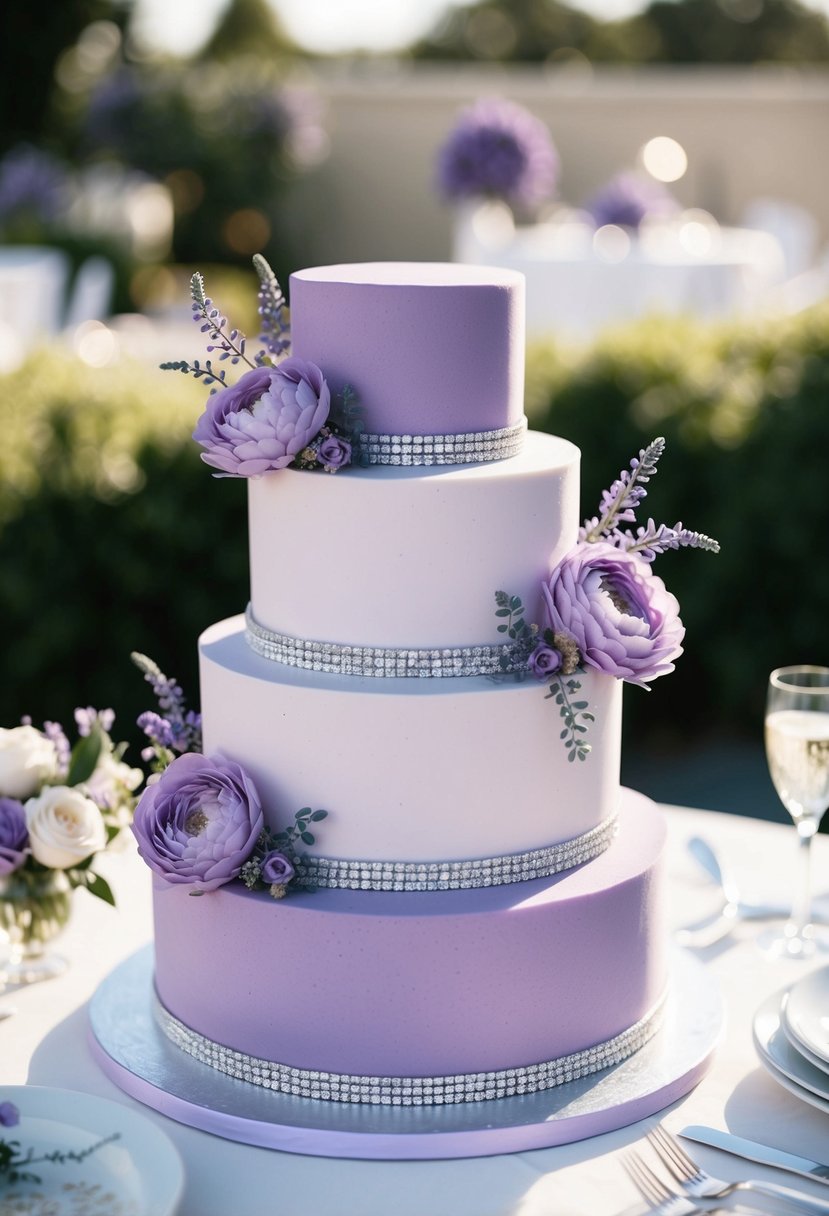 A three-tiered lavender velvet wedding cake with cream cheese frosting, adorned with delicate purple flowers and silver accents