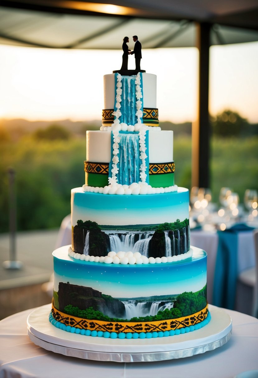 A towering wedding cake featuring a sugar sculpture of Victoria Falls, adorned with Zimbabwean motifs and colors