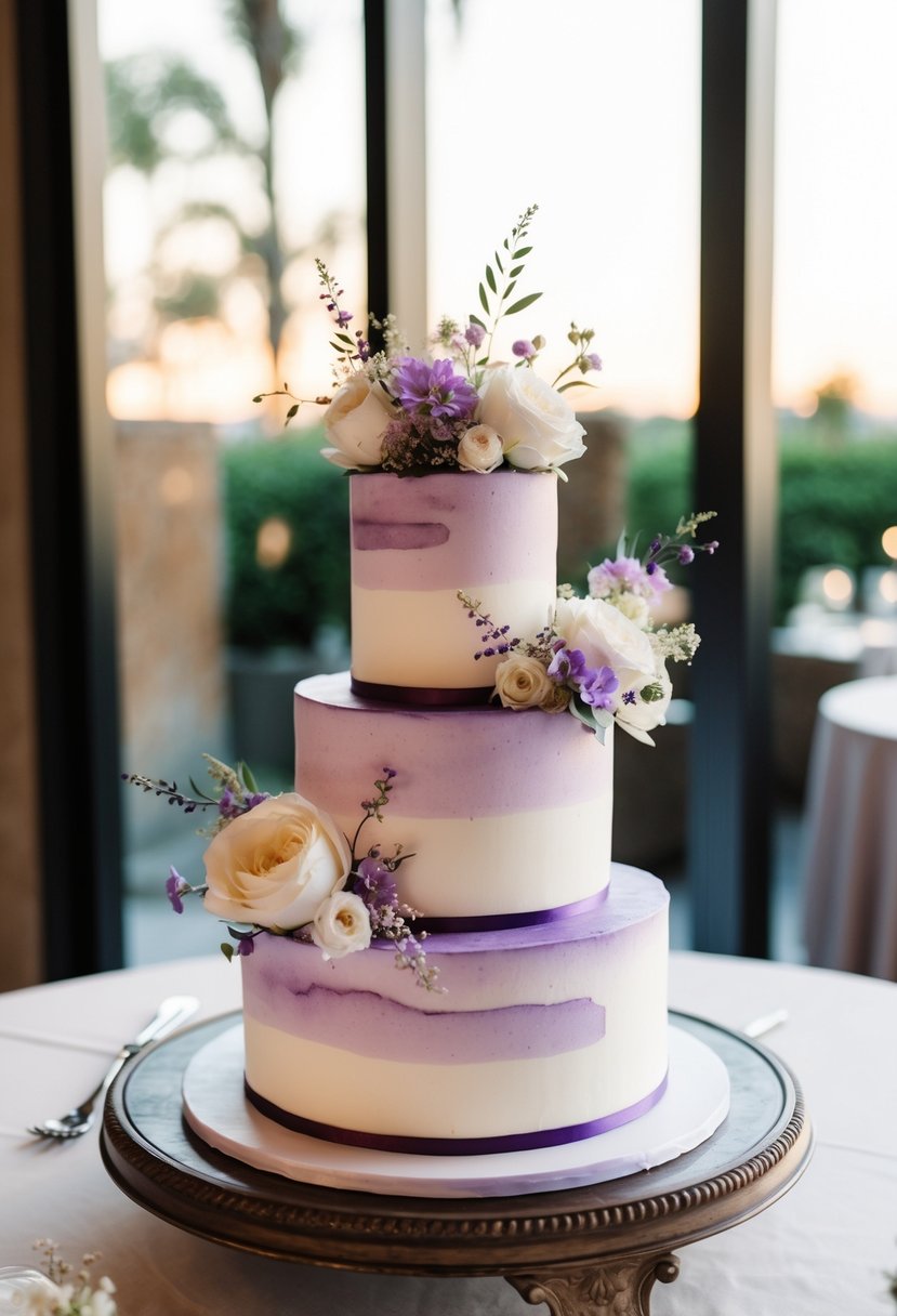 A three-tiered wedding cake with watercolor purple hues and delicate floral decorations