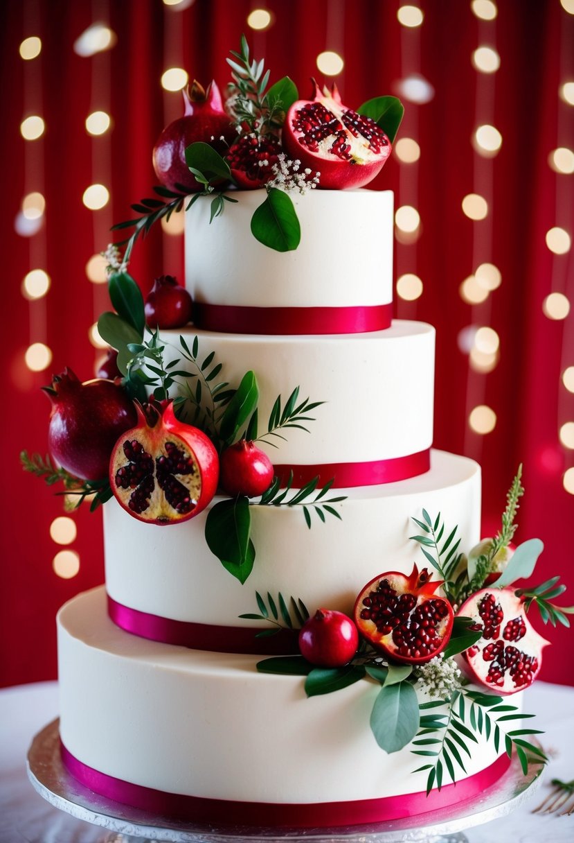 A three-tiered wedding cake adorned with vibrant pomegranate flowers and foliage, set against a red background