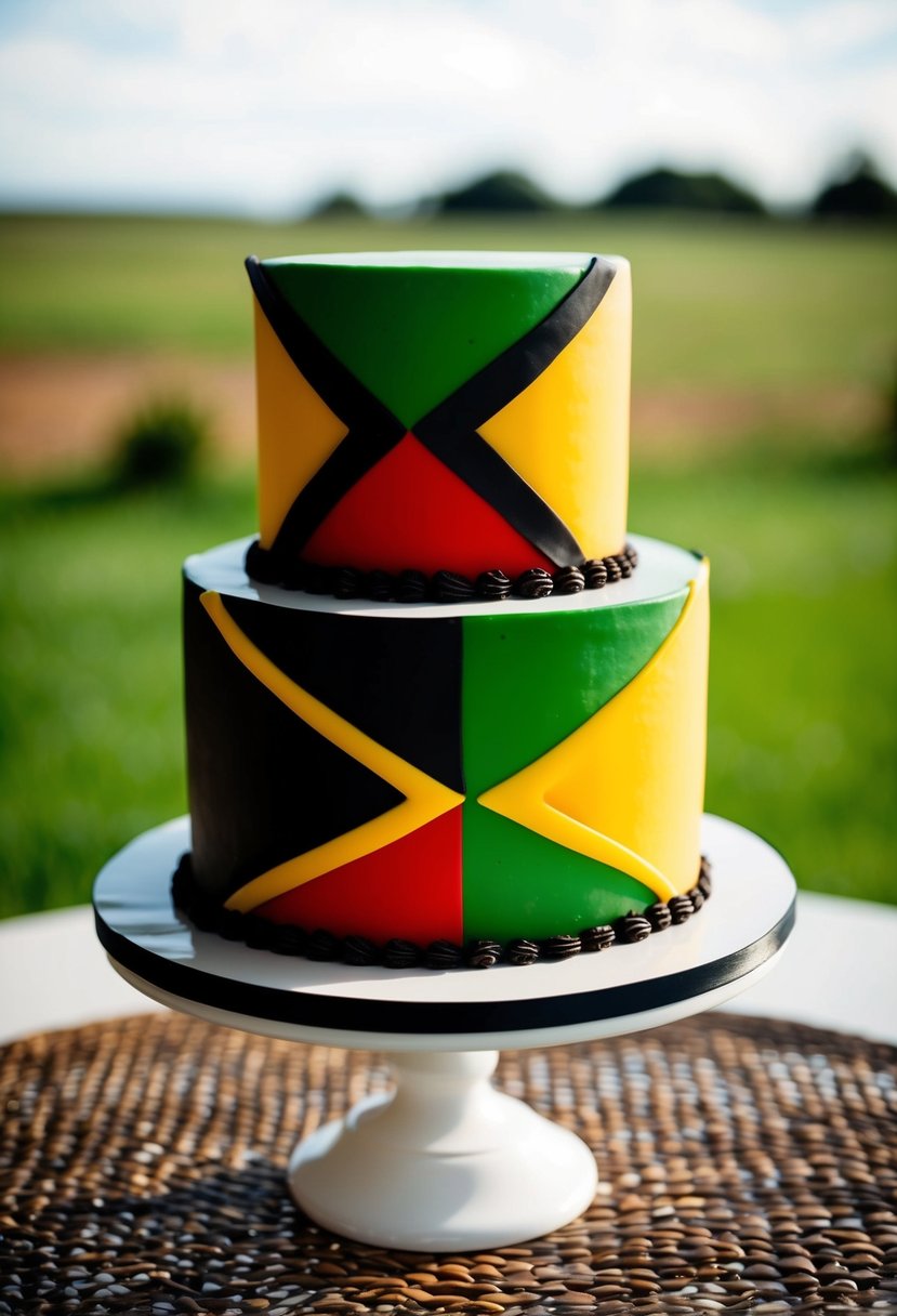 A tiered cake with the design of the Zimbabwe flag, featuring the colors of green, yellow, red, and black, with a decorative pattern