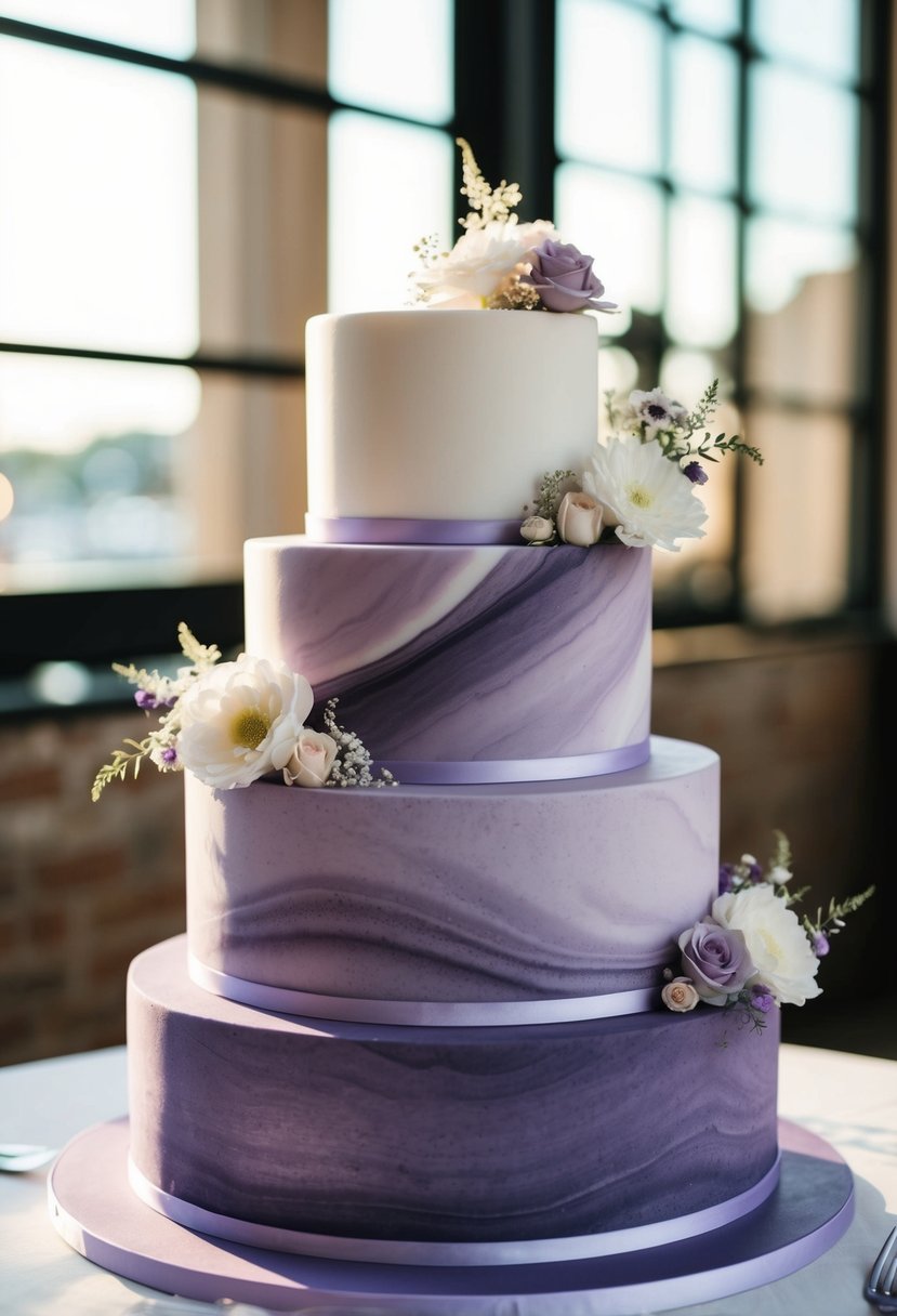 A three-tiered wedding cake with a marble effect in shades of purple, adorned with delicate floral accents
