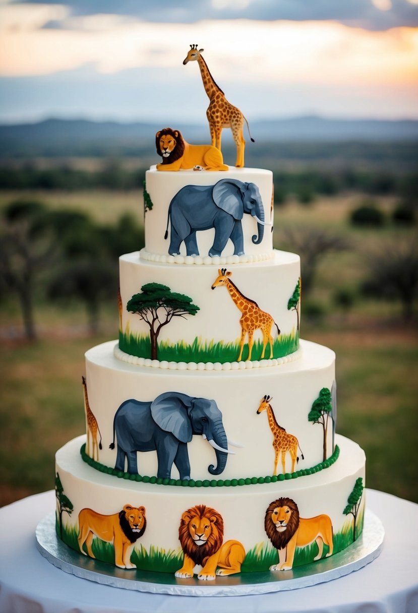 A tiered cake adorned with hand-painted African wildlife, including elephants, giraffes, and lions, with a Zimbabwean landscape in the background
