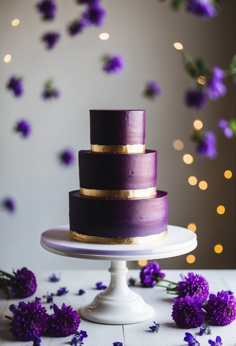 A simple, three-tiered plum cake with gold accents sits on a white pedestal, surrounded by scattered purple flowers