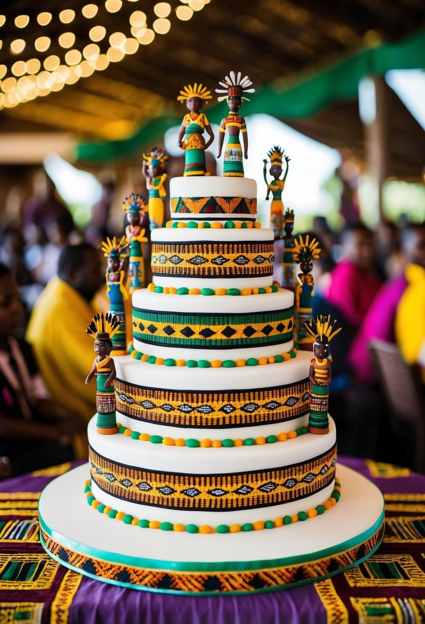 A tiered wedding cake adorned with Shona spirit figurines and Zimbabwean motifs, surrounded by vibrant colors and traditional patterns