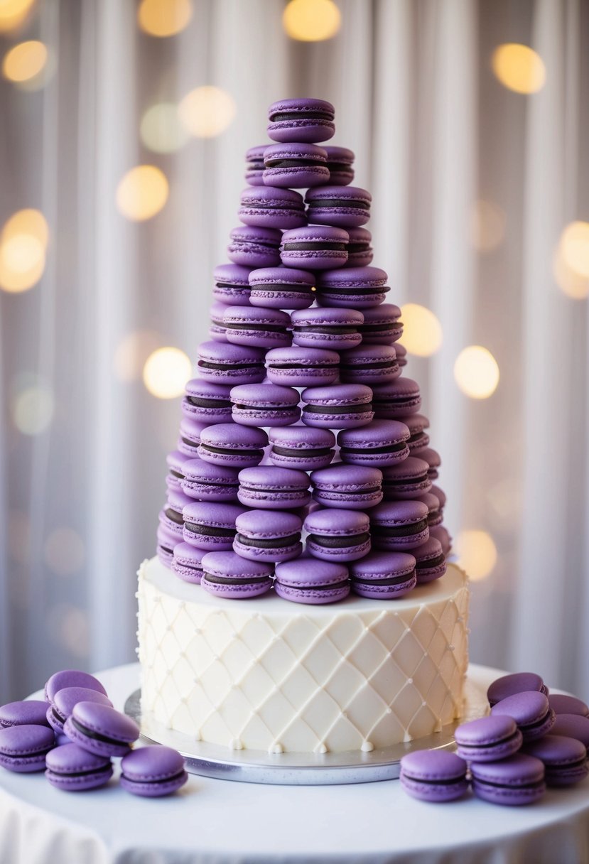 A towering display of purple macarons and a matching wedding cake, set against a dreamy backdrop