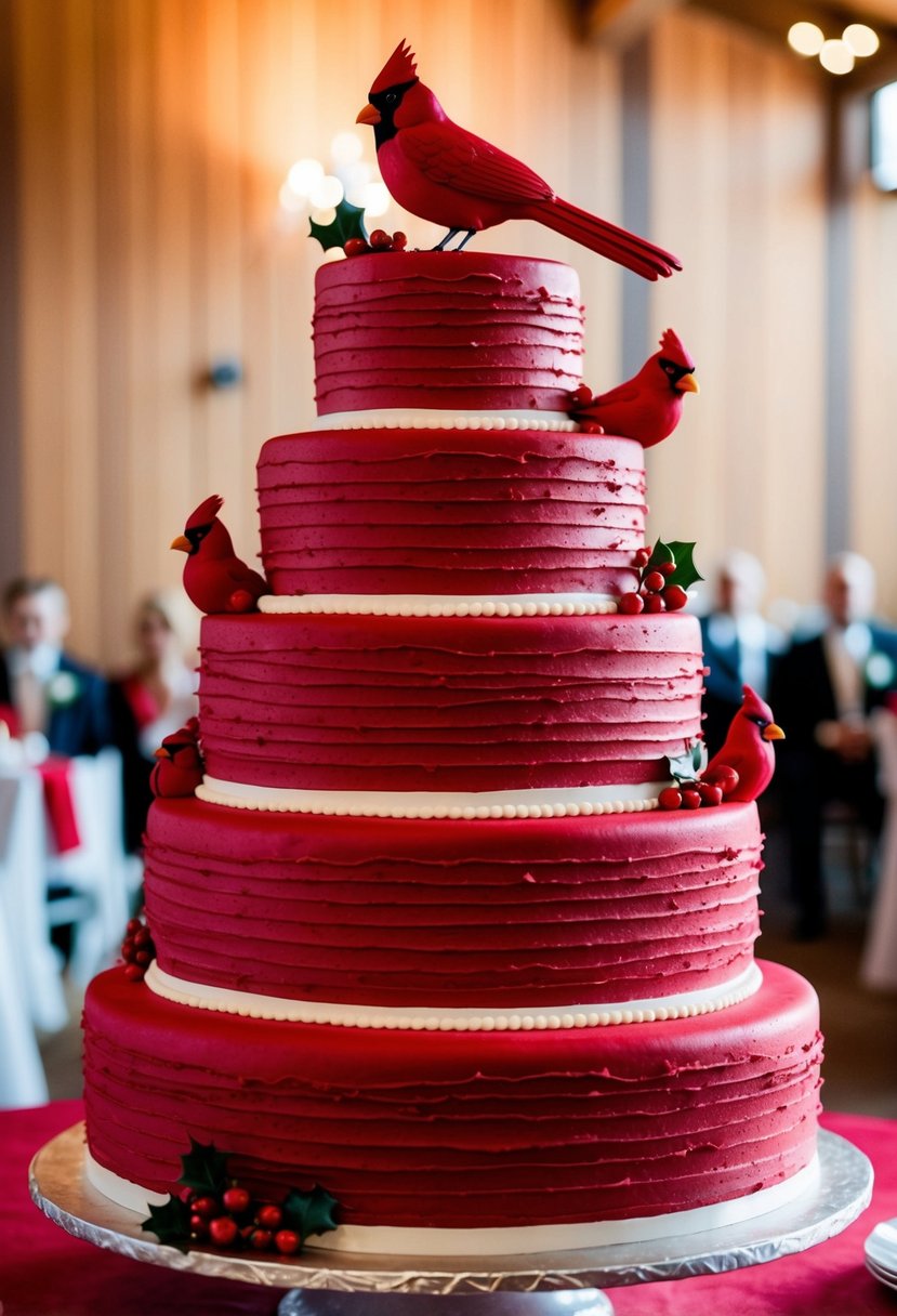 A multi-tiered red wedding cake with textured layers and adorned with cardinal-themed decorations