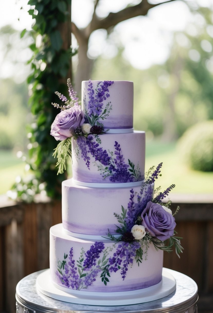 A three-tiered wedding cake adorned with hand-painted lavender florals in shades of purple, with delicate greenery cascading down the sides