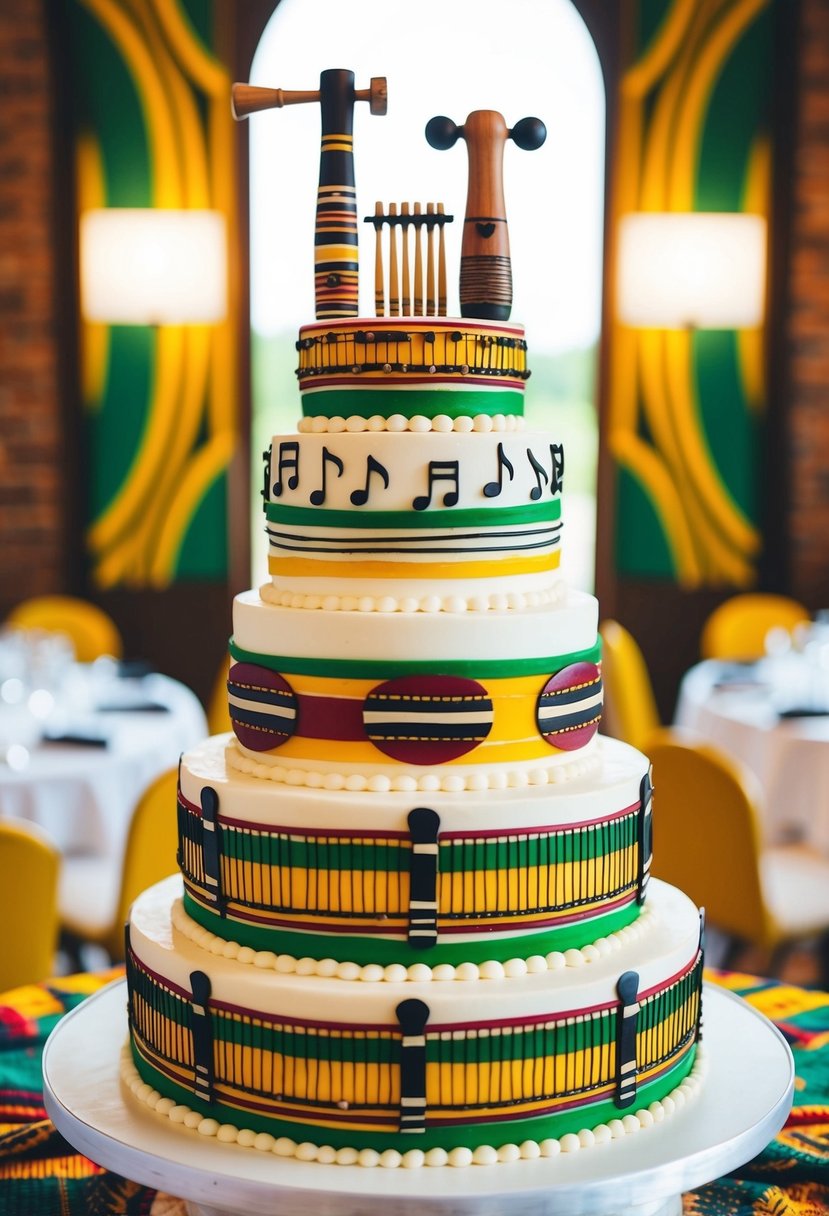 A tiered wedding cake adorned with traditional Zimbabwean mbira instruments and musical notes, surrounded by vibrant colors and patterns