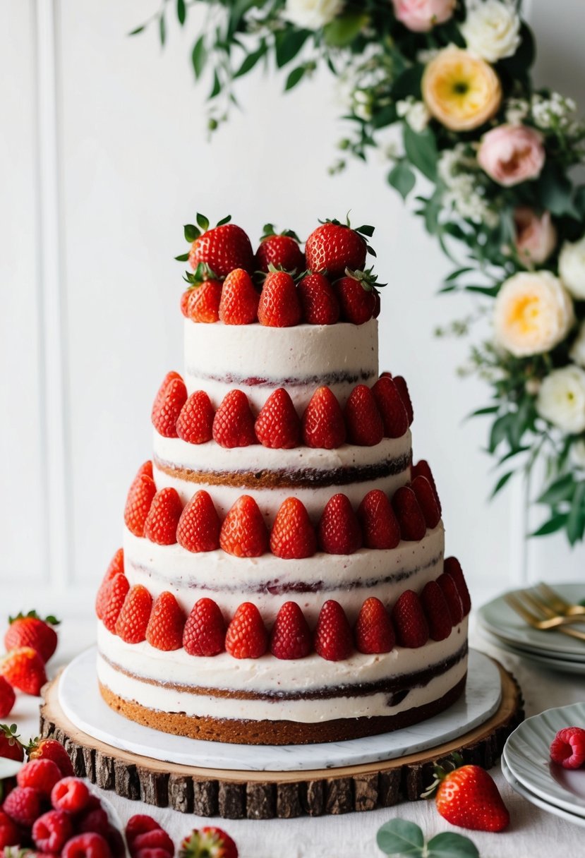 A three-tiered red berry crown cake adorned with fresh strawberries and raspberries, set against a white backdrop with elegant floral accents