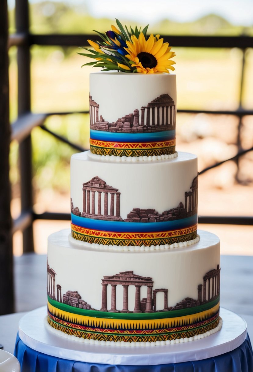 A tiered wedding cake adorned with Zimbabwean ruins and edible art in vibrant colors and intricate designs