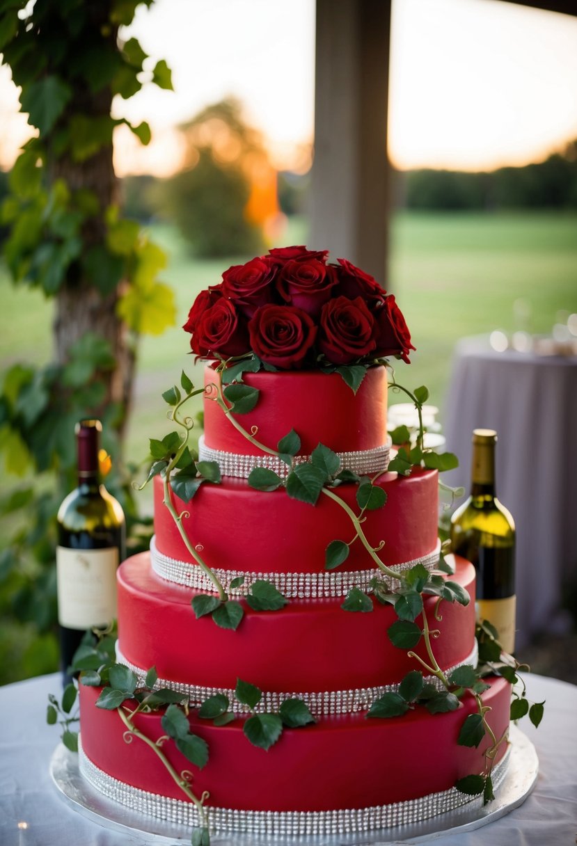 A tiered red wedding cake adorned with grapevines and wine bottles, topped with a cluster of deep red roses