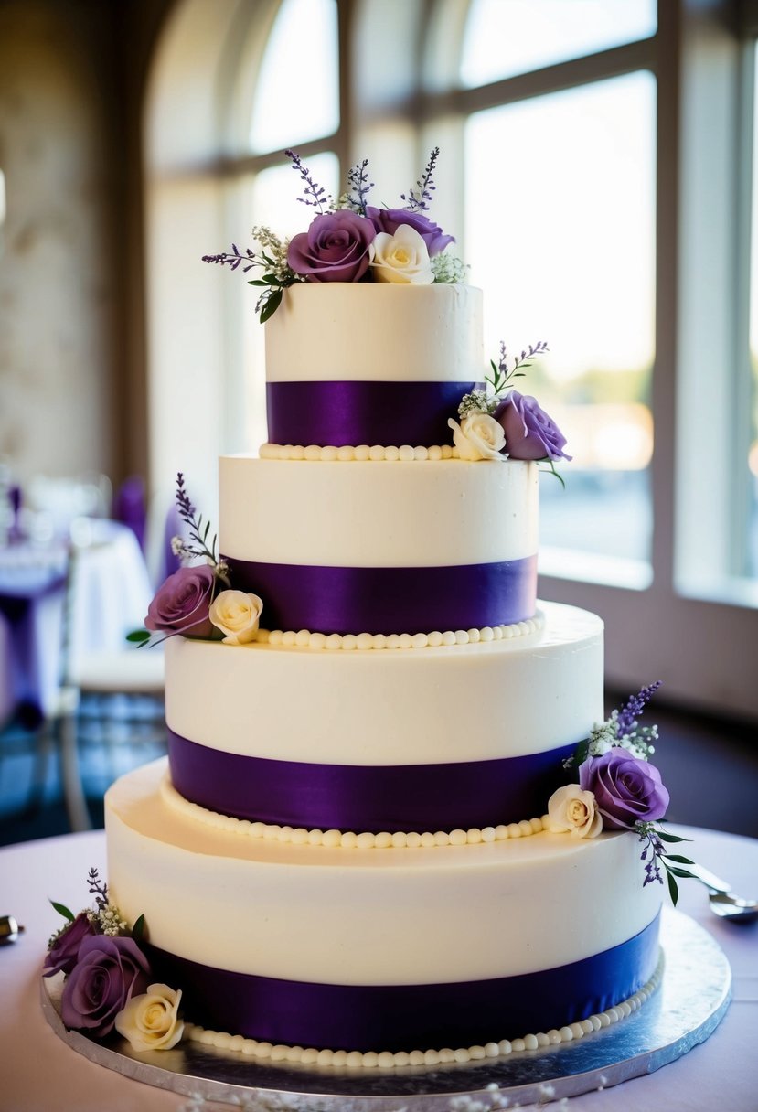 A three-tiered wedding cake with grape jelly filling and vanilla layers, decorated in shades of purple with delicate floral accents