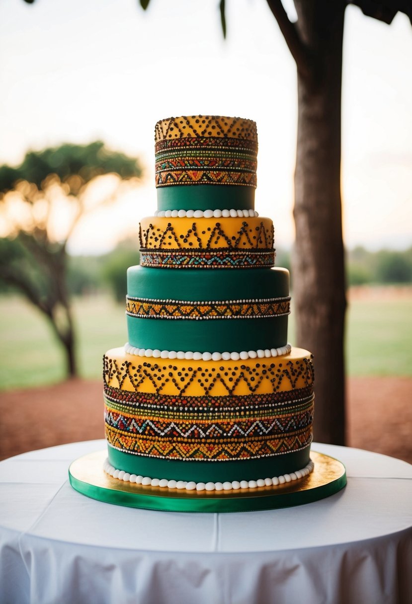A three-tiered wedding cake decorated with traditional Zimbabwean Dungatengororo patterns in vibrant colors and intricate designs