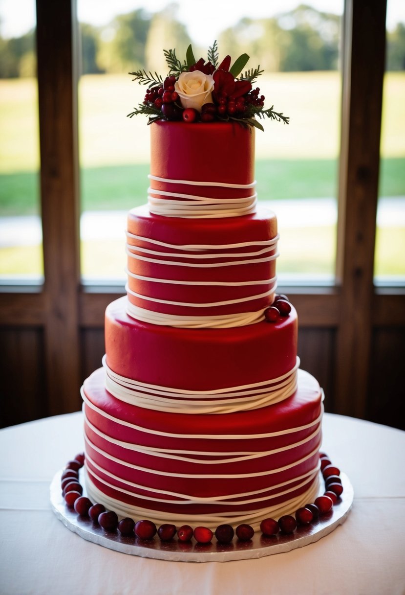 A three-tiered red wedding cake adorned with cranberries and twisted fondant ribbons