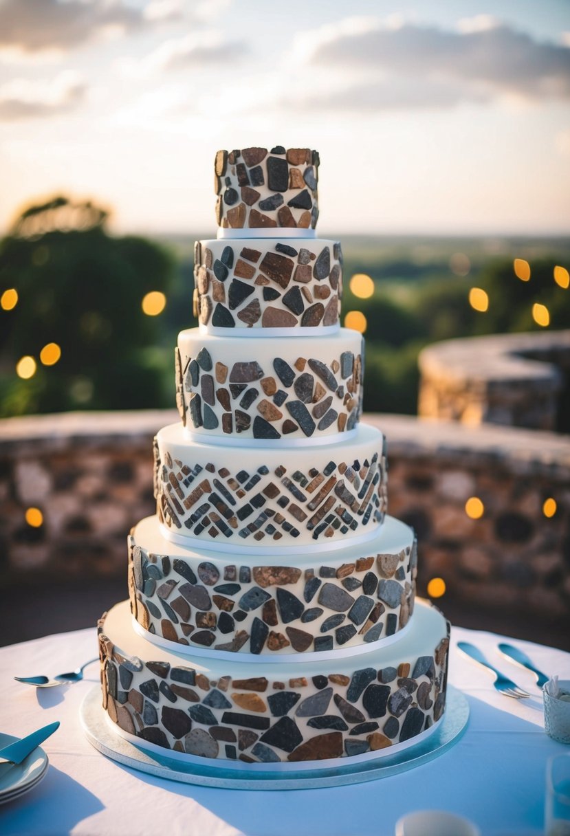 A tiered wedding cake adorned with intricate stone patterns inspired by Great Zimbabwe architecture