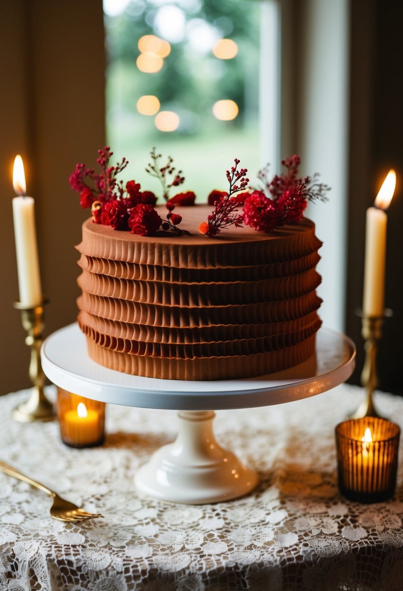 A terracotta ruffle cake adorned with delicate red floral accents sits on a vintage lace tablecloth, surrounded by flickering candlelight