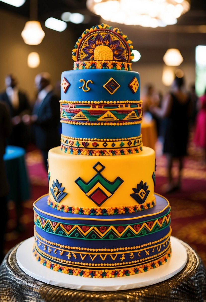 A vibrant and intricate cake adorned with Zimbabwean patterns and symbols, featuring rich colors and ornate details inspired by the Jewel of the Nile