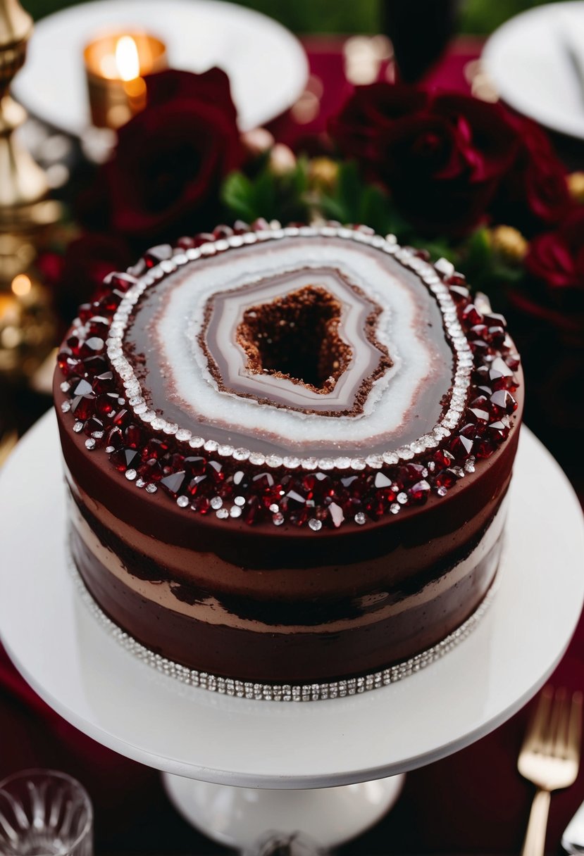 A luscious Marsala Geode Cake sits as a centerpiece, adorned with shimmering edible crystals and deep red hues, inspiring ideas for a luxurious wedding cake