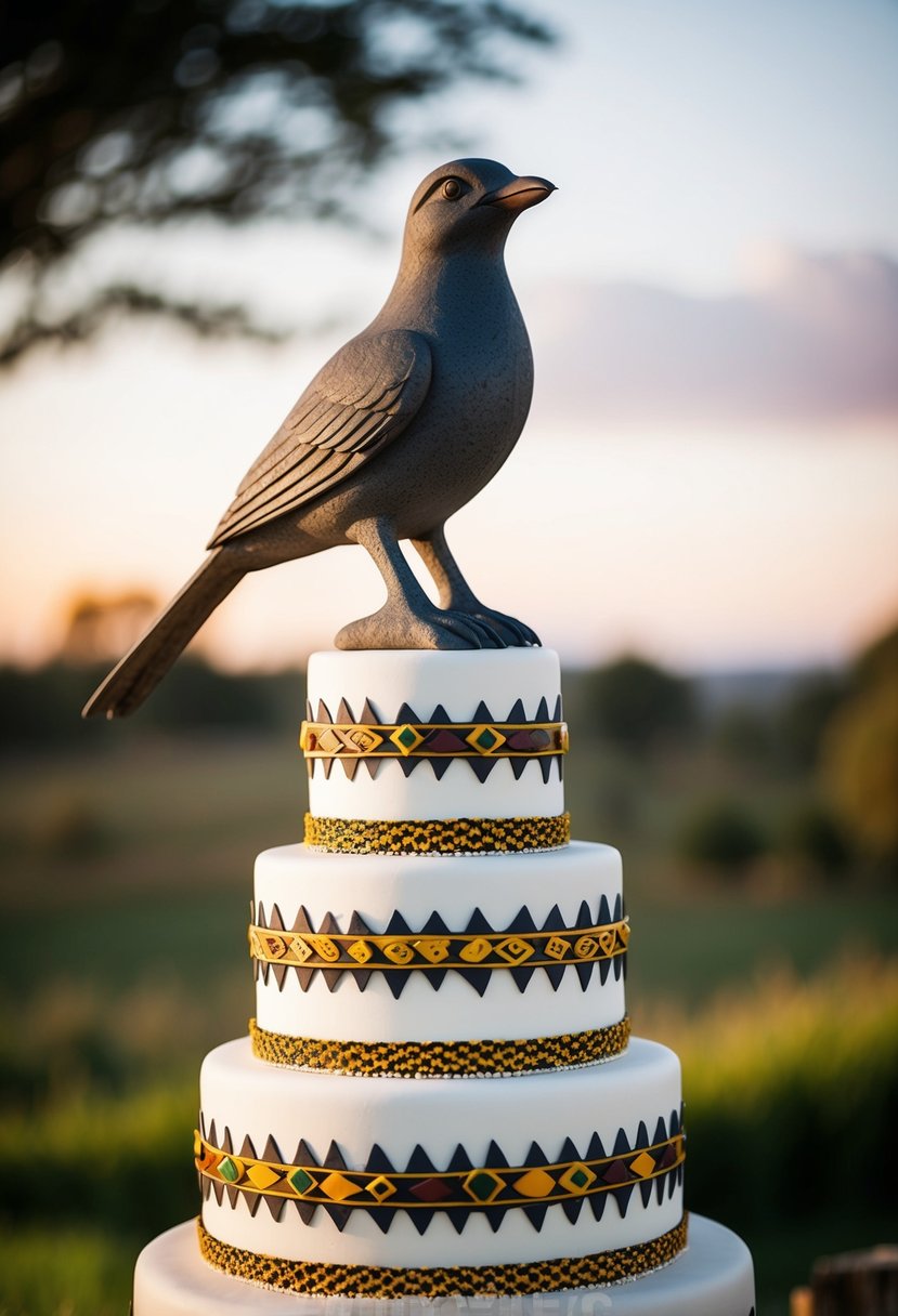 A stone bird cake topper perched on a tiered wedding cake adorned with Zimbabwean motifs and patterns